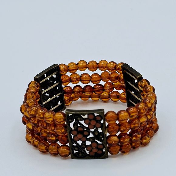 Autumn Bracelet Vintage Genuine Amber Bead Enamel Flowers Brass Filigree Stretch - Picture 6 of 10